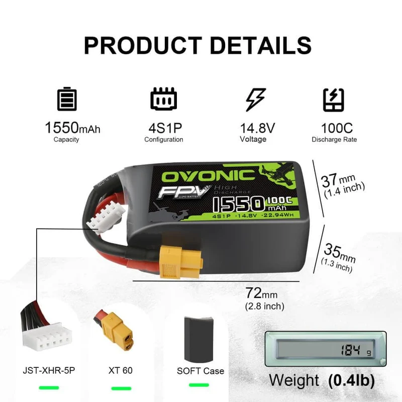 Ovonic FPV 4S 1550mAh 100C 14,8V Akku für FPV-XT60-Stecker (2 Stück)
