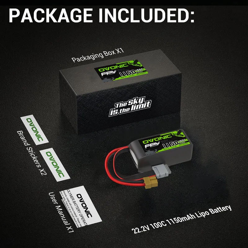 Ovonic 6S 1150mAh 22,2V 100C LiPo-Akku für FPV XT60-Stecker (2 St.)