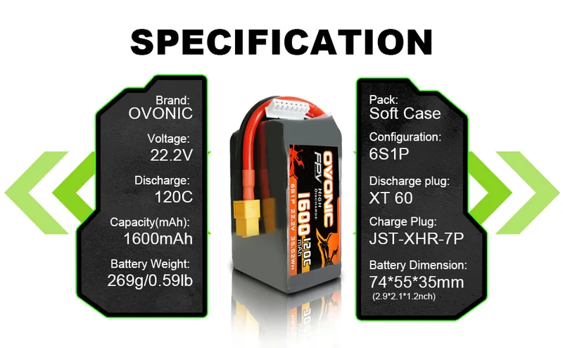 Ovonic FPV 6S 1600mAh 120C 22,2V XT60 für FPV Racing (2 Stück)