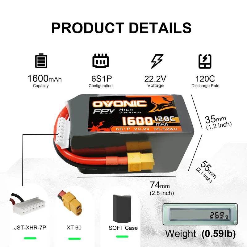 Ovonic FPV 6S 1600mAh 120C 22,2V XT60 für FPV Racing (2 Stück)
