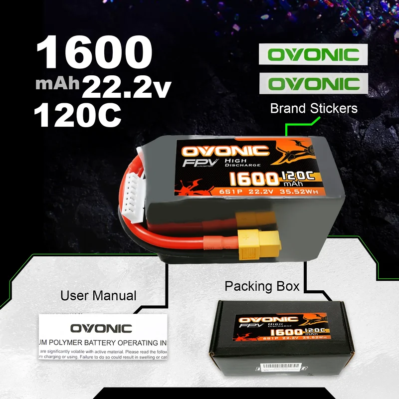 Ovonic FPV 6S 1600mAh 120C 22,2V XT60 für FPV Racing (2 Stück)