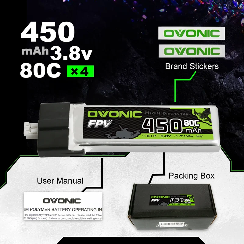 Ovonic FPV 1S 450mah 3,8V 80C HV-Lipo JST PH2.0 (4 St.)