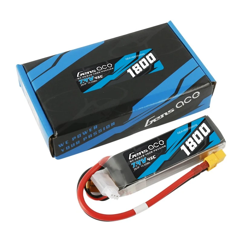Gens Ace 1800mAh 7,4V 45C 2S1P Lipo Akkupack mit XT60 Stecker