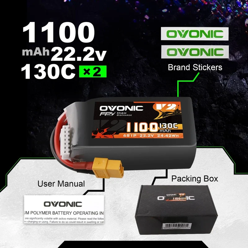 Ovonic 6S 1100mAh 130C 22,2V XT60 Lipo Akku Pack (2 St.)