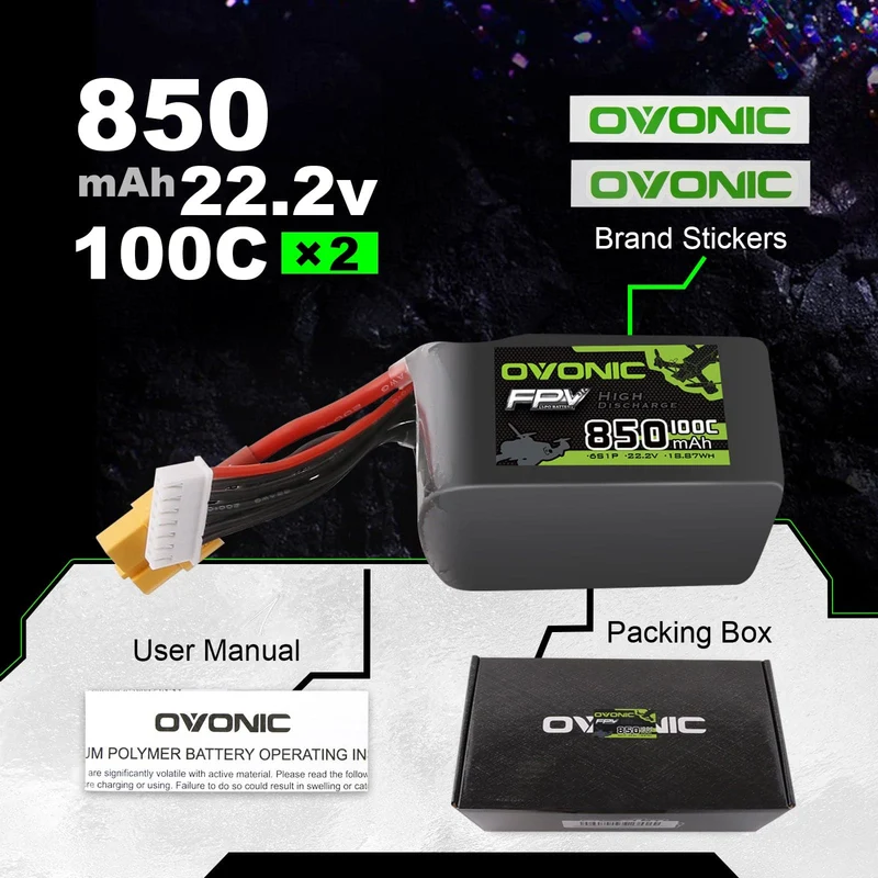 Ovonic 6S 850mAh 100C 22,2V XT60 Lipo Akku Pack (2 St.)