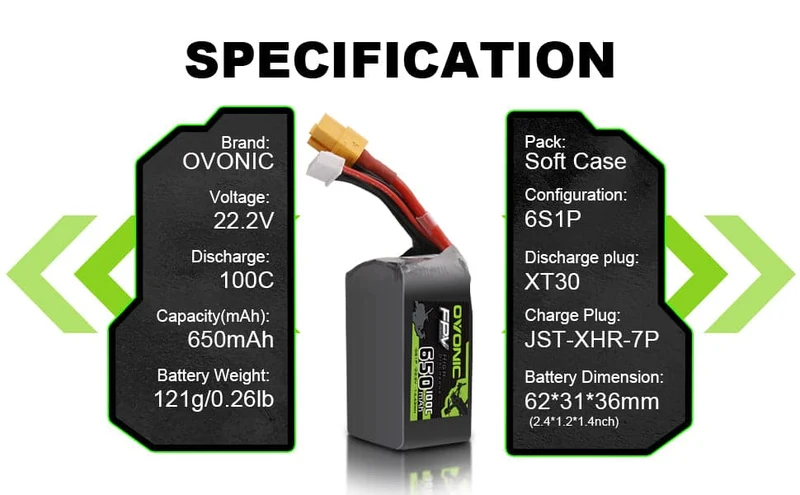 Ovonic 6S 650mAh 100C 22,2V XT30 LiPo Akku Pack (2 St.)