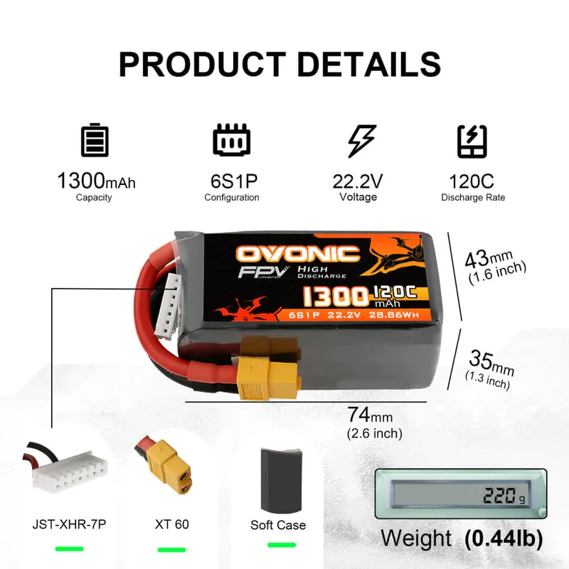 Ovonic 6S 1300mAh 120C 22,2V XT60 LiPo Akkupack