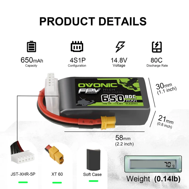 Ovonic FPV 4S 650mAh 80C 14,8V XT30 Lipo (4 Stück)