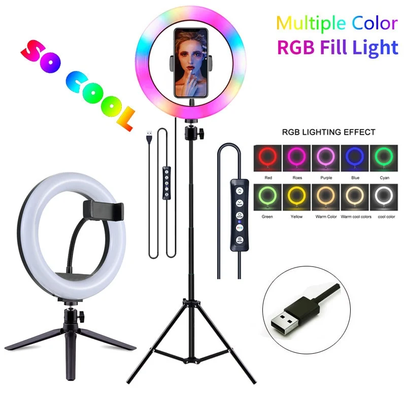 Video Lights RGB Selfie LED Ring Light Dimmable Ring Lamp With Stand Tripods Rim Of Light For TIKTOK Youtube Makeup ringlight