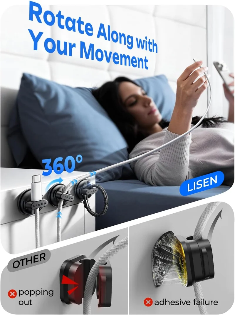 6er-Pack Drehbarer Kabelhalter für den Nachttisch, LISEN 360° Rotierende Magnetclips