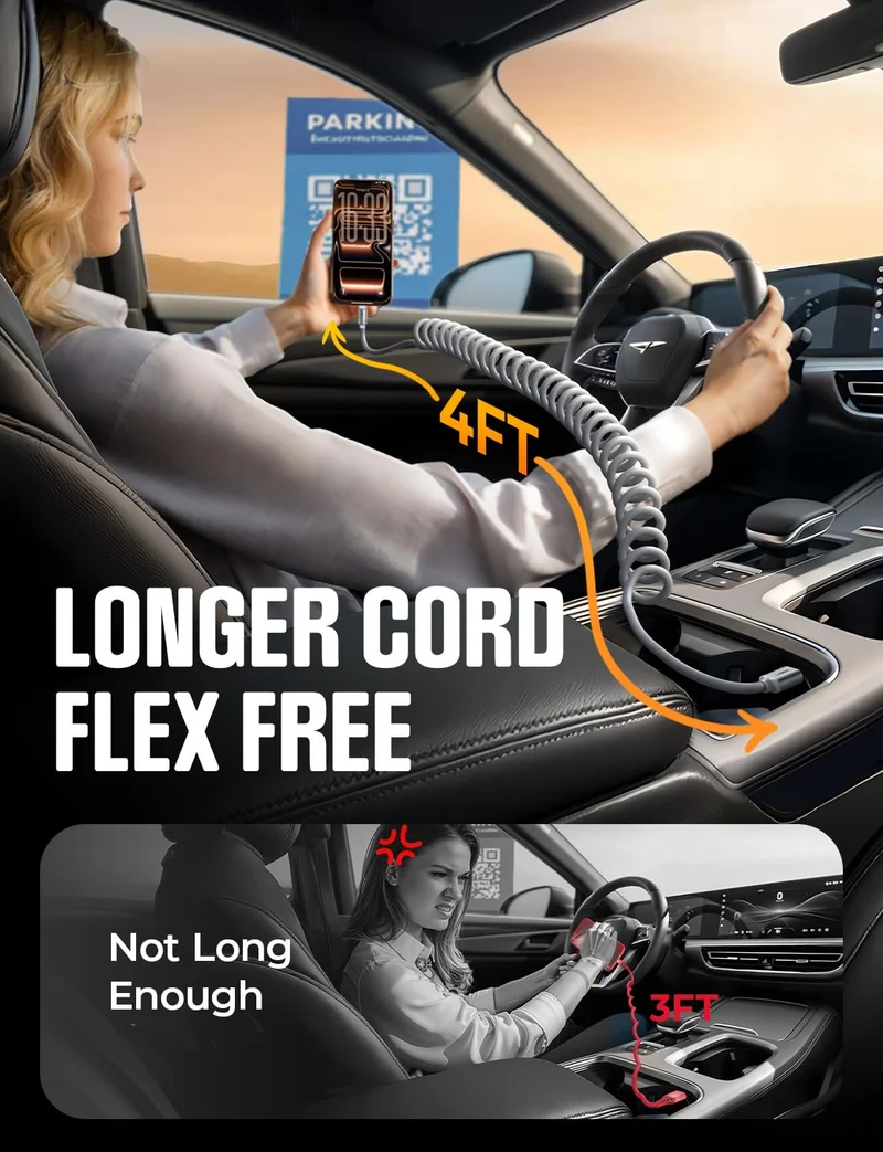 LISEN Spiralförmiges USB-C-Kabel, 2 Stück für Car Play & Android Auto Kabel