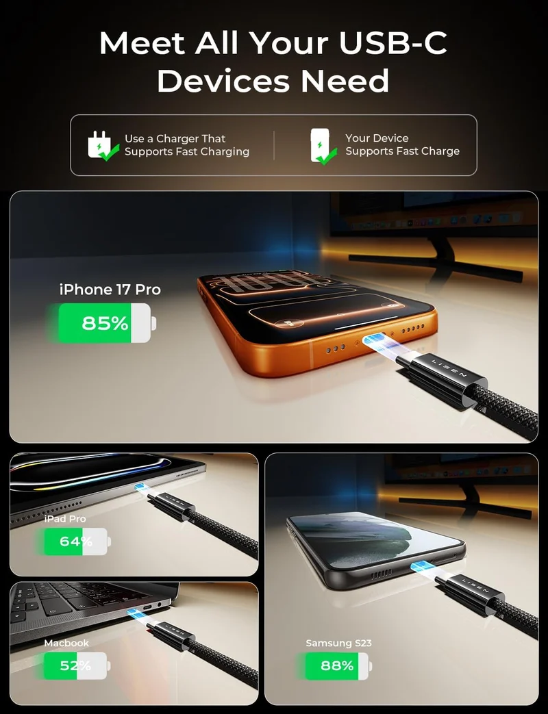 LISEN USB C auf USB C Ladekabel 4er-Pack [0,5/1/2/2M]