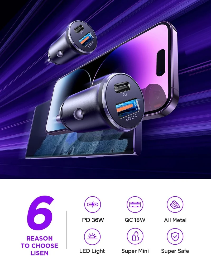 LISEN 2er-Pack USB C Auto-Ladegerät 54W Auto-Zigarettenanzünder-USB-Ladegerät
