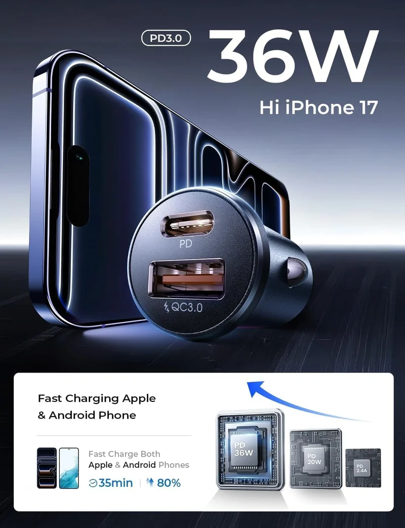 LISEN 2er-Pack USB C Auto-Ladegerät 54W Auto-Zigarettenanzünder-USB-Ladegerät