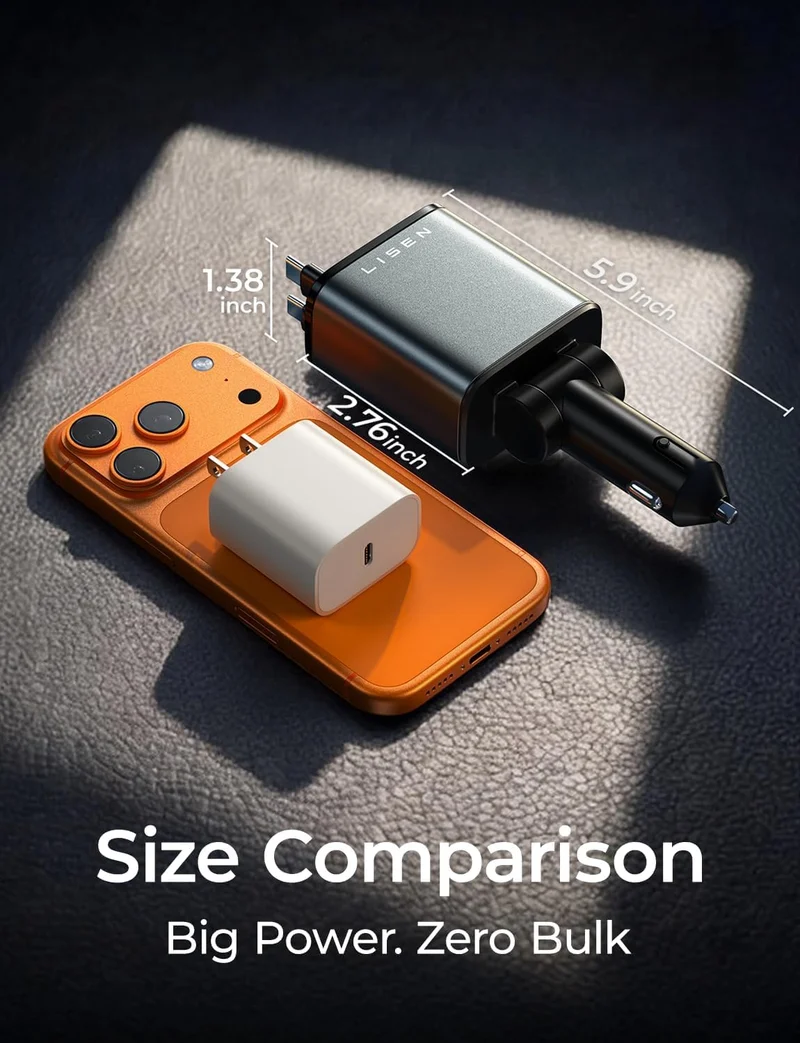 LISEN Versenkbares Kfz-Ladegerät USB C [Verbessertes Dual Type C] 75W Schnellladefunktion 4-in-1 Kfz-Ladegerät für iPhone 17, Road Trip Essentials Geschenke für Männer Frauen, Auto Zubehör für Galaxy S26 Phone 17e 16 15 Pro Max