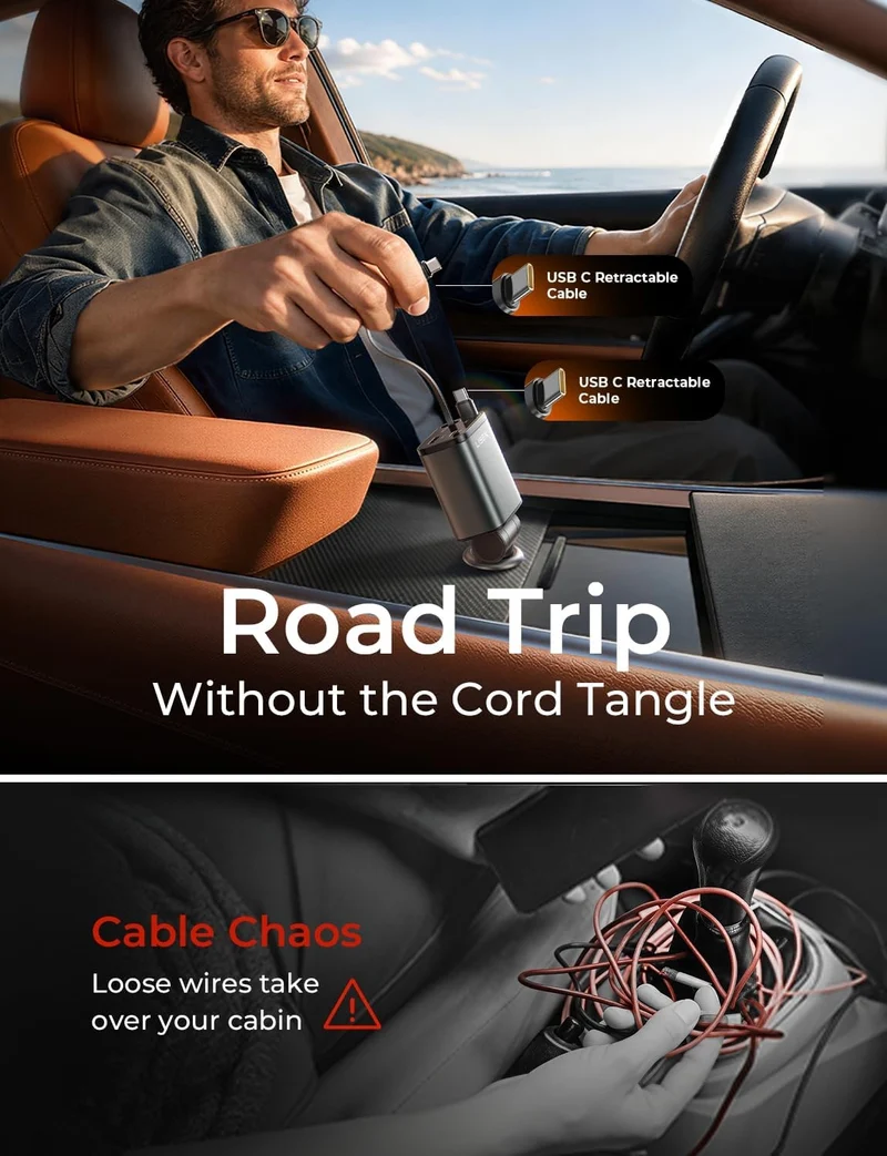 LISEN Versenkbares Kfz-Ladegerät USB C [Verbessertes Dual Type C] 75W Schnellladefunktion 4-in-1 Kfz-Ladegerät für iPhone 17, Road Trip Essentials Geschenke für Männer Frauen, Auto Zubehör für Galaxy S26 Phone 17e 16 15 Pro Max