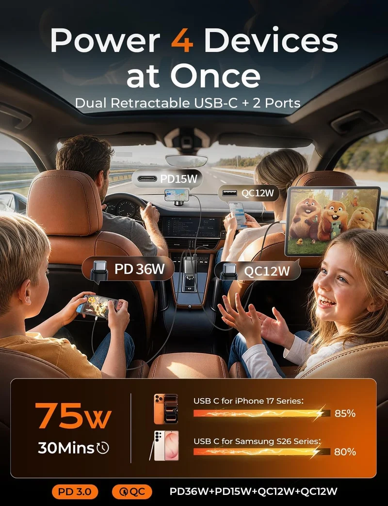 LISEN Versenkbares Kfz-Ladegerät USB C [Verbessertes Dual Type C] 75W Schnellladefunktion 4-in-1 Kfz-Ladegerät für iPhone 17, Road Trip Essentials Geschenke für Männer Frauen, Auto Zubehör für Galaxy S26 Phone 17e 16 15 Pro Max