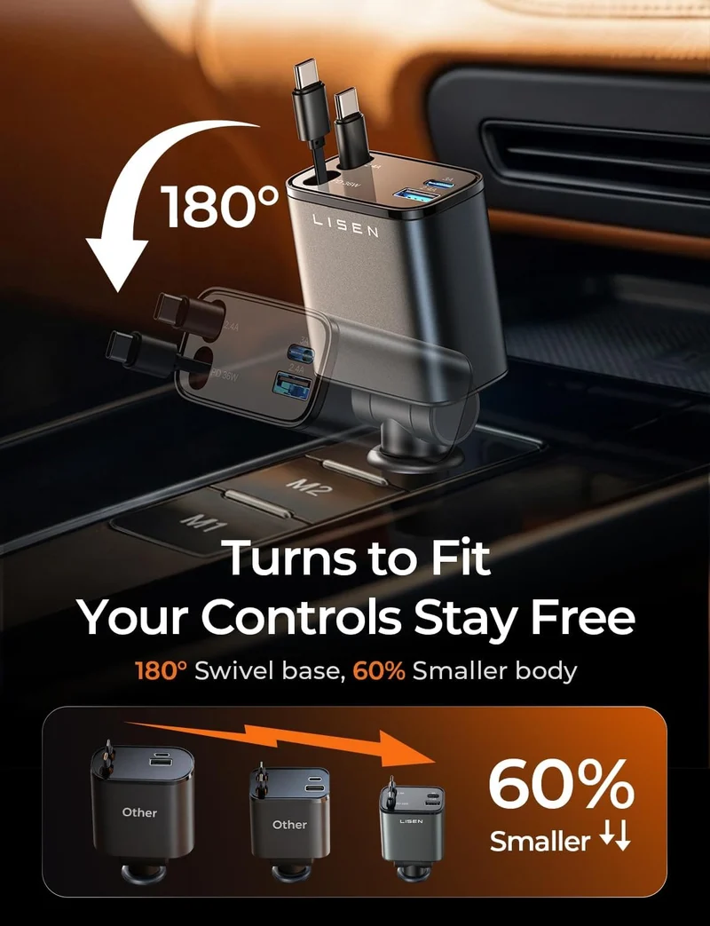 LISEN Versenkbares Kfz-Ladegerät USB C [Verbessertes Dual Type C] 75W Schnellladefunktion 4-in-1 Kfz-Ladegerät für iPhone 17, Road Trip Essentials Geschenke für Männer Frauen, Auto Zubehör für Galaxy S26 Phone 17e 16 15 Pro Max