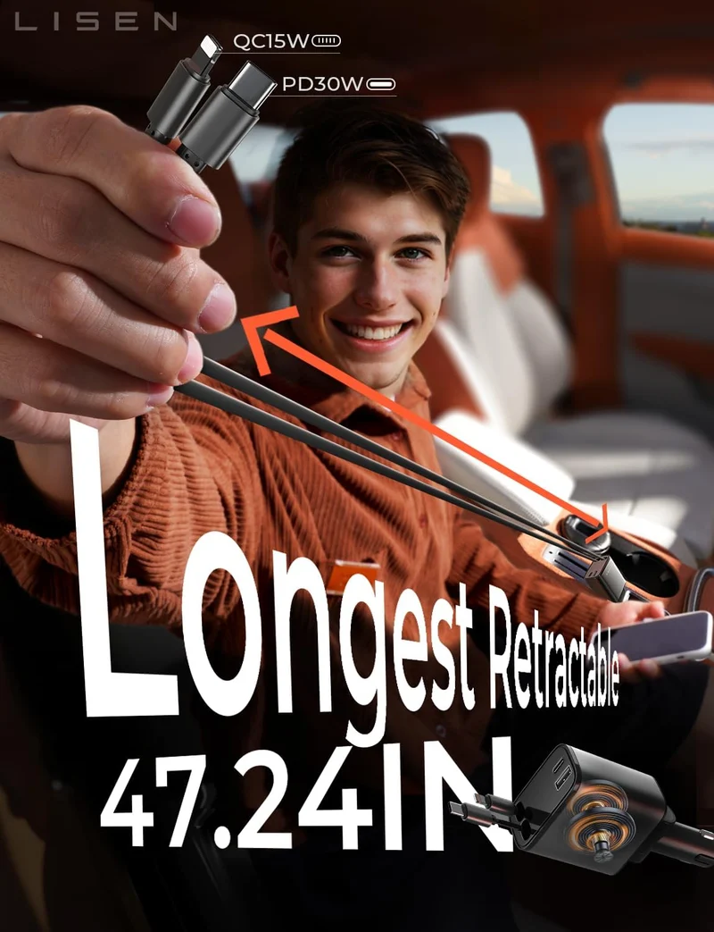 LISEN Langes einziehbares Autoladegerät 4-in-1 (120 cm Kabel)
