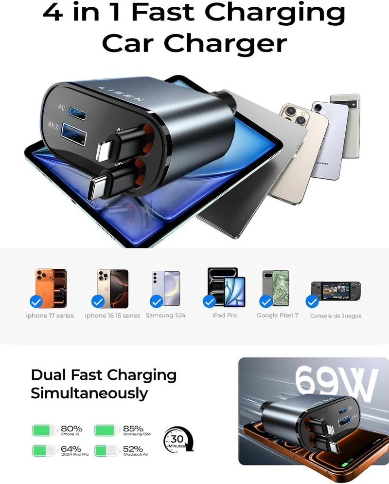 LISEN Langes einziehbares Autoladegerät 4-in-1 (120 cm Kabel)