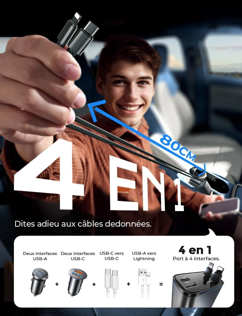 LISEN 4-in-1 versenkbares USB-C-Autoladegerät 69W