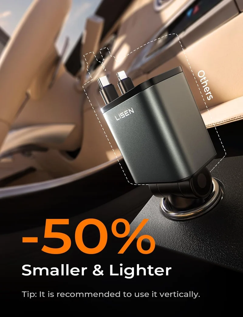 LISEN 4-in-1 Starlight einziehbares Kfz-Ladegerät, 75W USB-C Zigarettenadapter Schnellladung
