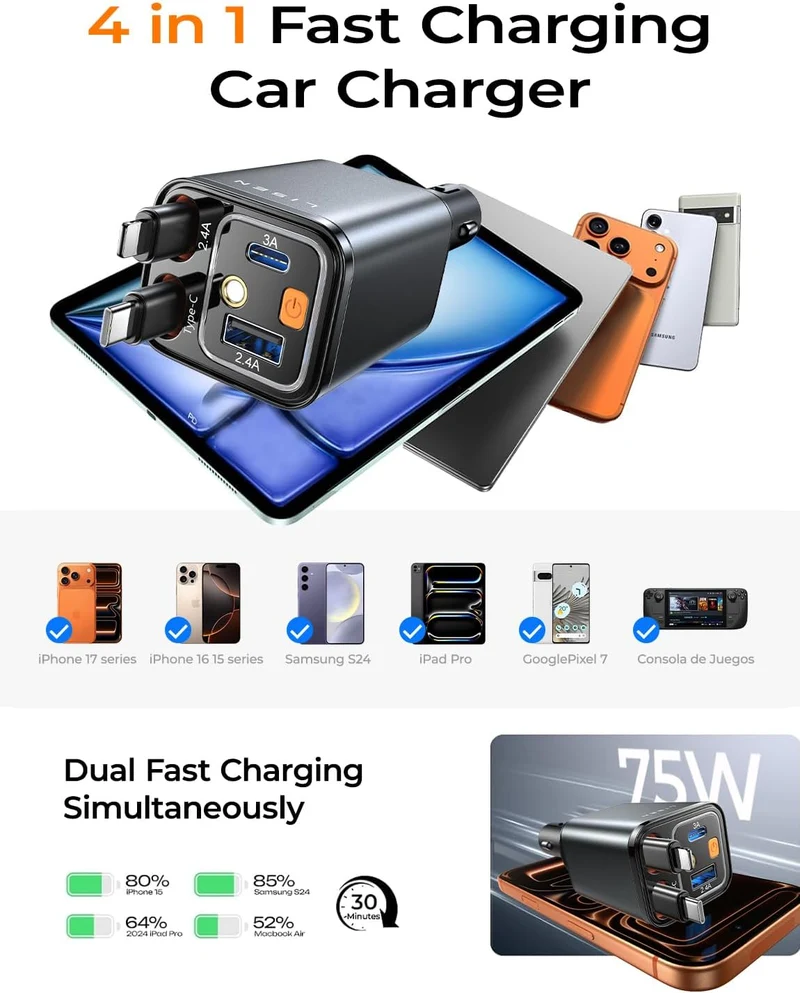 LISEN 4-in-1 Starlight einziehbares Kfz-Ladegerät, 75W USB-C Zigarettenadapter Schnellladung