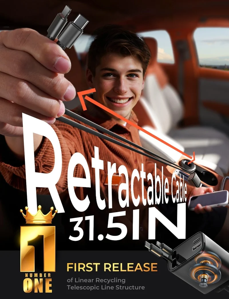LISEN 4-in-1 Starlight einziehbares Kfz-Ladegerät, 75W USB-C Zigarettenadapter Schnellladung