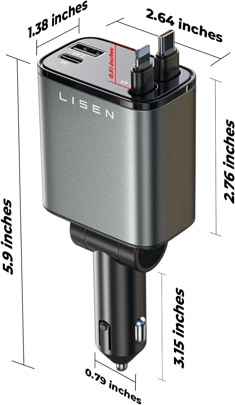 LISEN Einziehbares Auto-Ladegerät, [2026 Upgrade 127 cm] Langes 4-in-1 Einziehbares Kabel Auto-Ladegerät