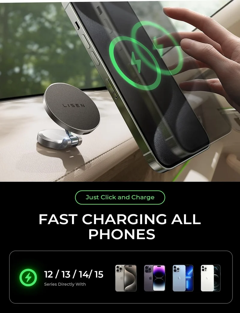 LISEN für MagSafe KFZ-Ladegerät Armaturenbrett, 360° drehbare MagSafe Ladehalterung für das Auto