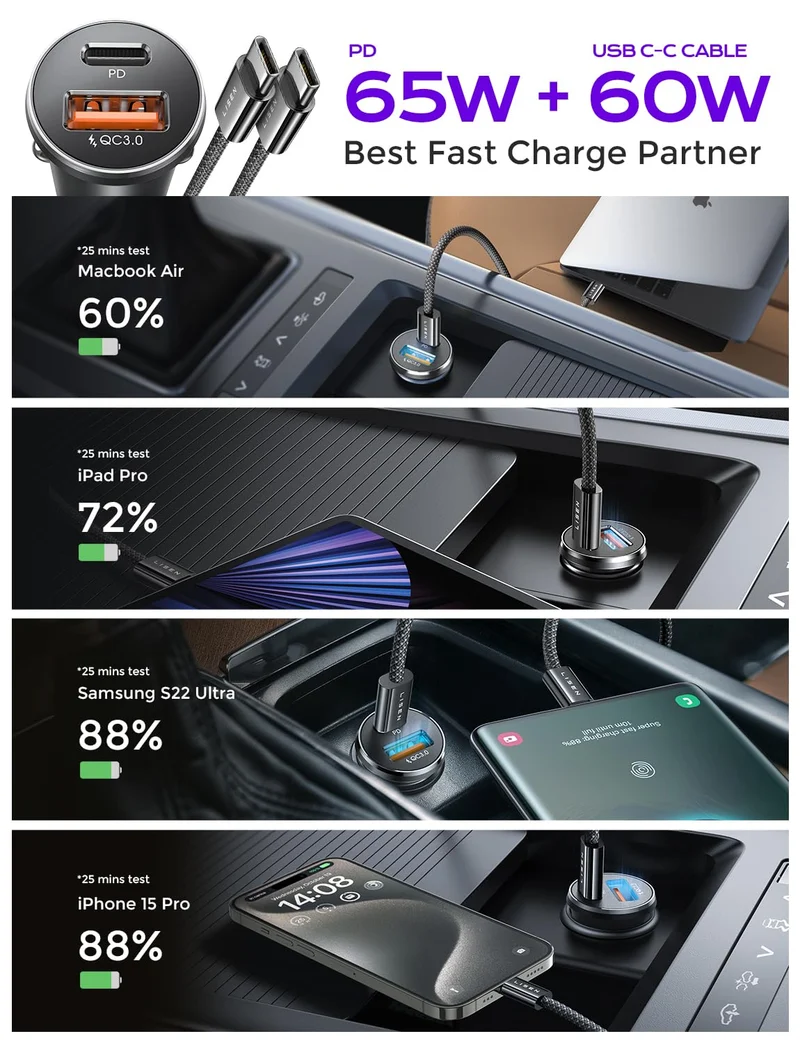LISEN 95W USB C KFZ Ladegerät, [Vollmetall] Schnellladung PD 65W+QC 30W