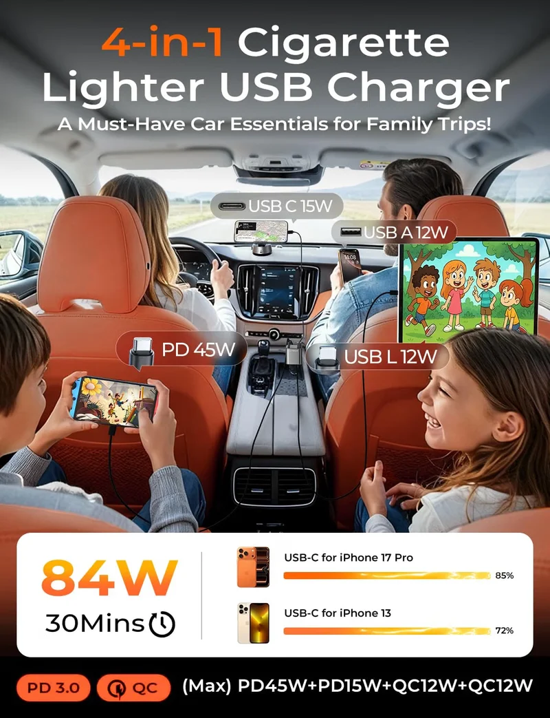 LISEN 84W Einziehbares Autoladegerät USB C Zigaretten