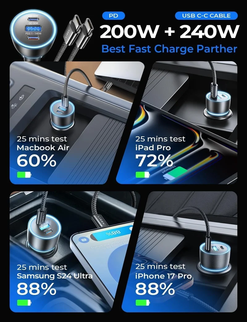 LISEN 200W Laptop USB C Kfz-Ladegerät, schnellladend, 3 Anschlüsse, Zigarettenanzünder-Adapter PD3.1