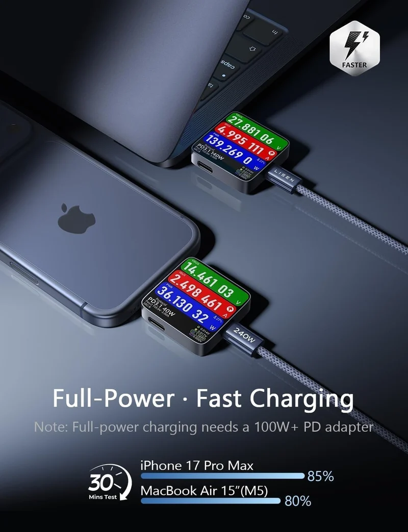 LISEN 200W Laptop USB C Kfz-Ladegerät, schnellladend, 3 Anschlüsse, Zigarettenanzünder-Adapter PD3.1