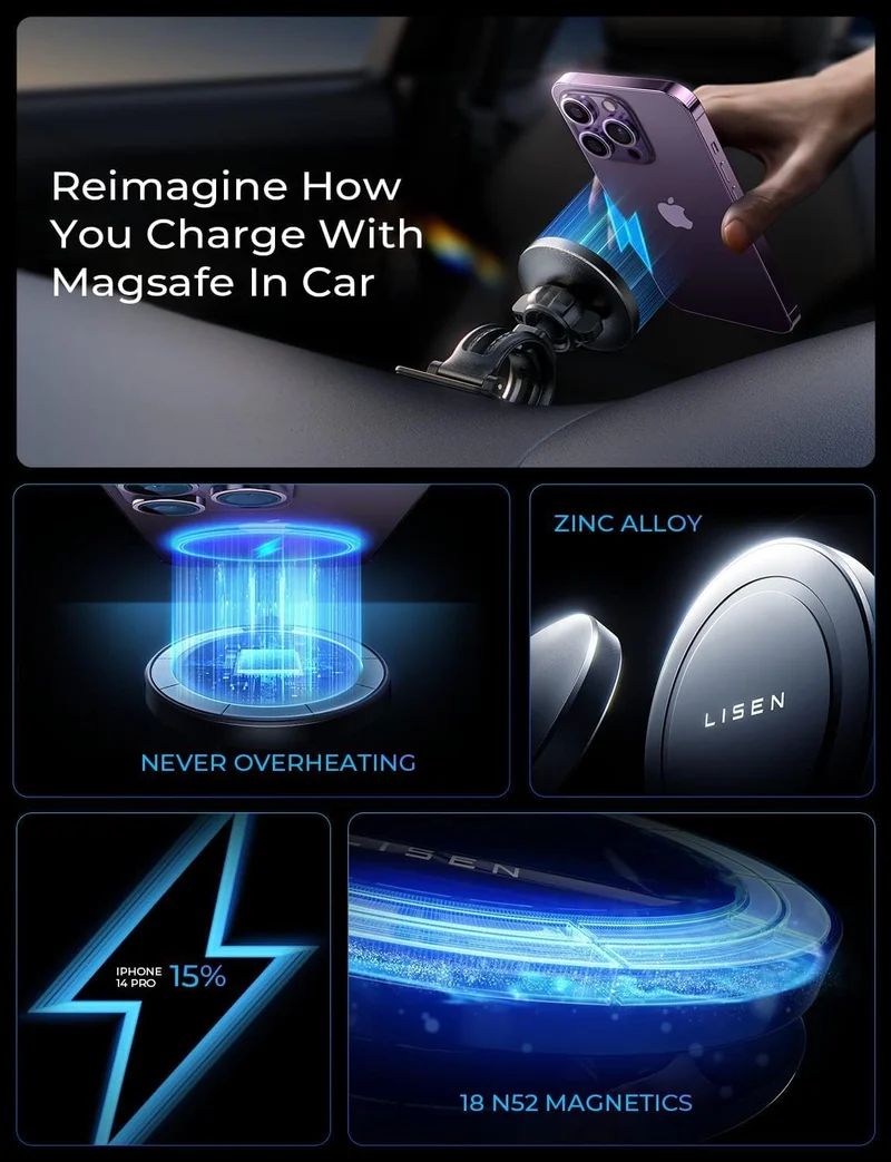 LISEN für MagSafe KFZ-Halterung Ladegerät, 15W kabellos