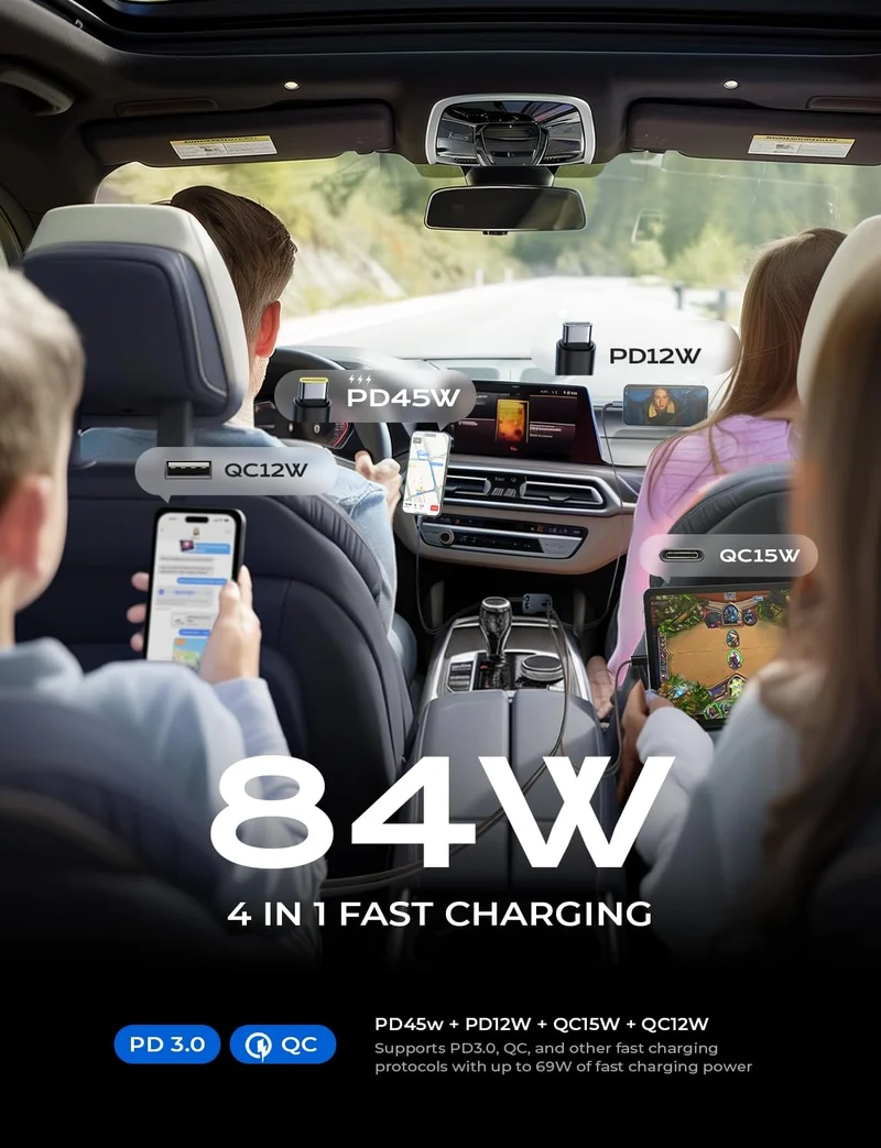 LISEN Einziehbares Autoladegerät, Dual USB C Einziehbares Kabel Schnelles Auto-Ladegerät
