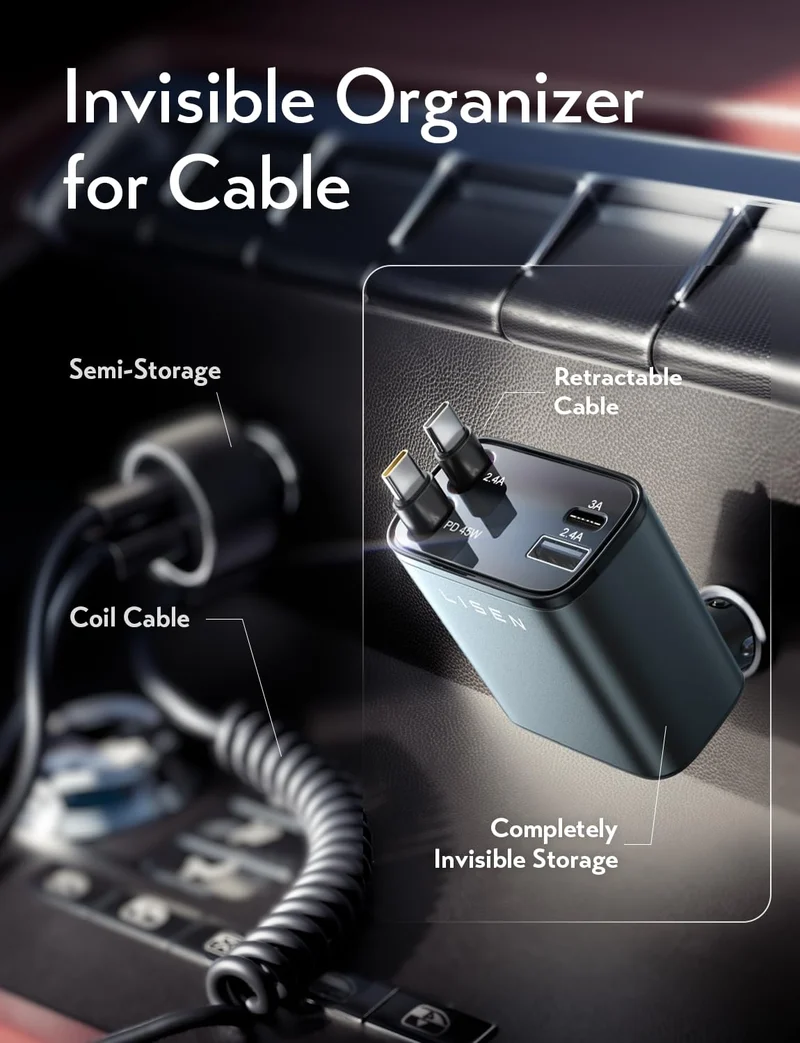 LISEN Einziehbares Autoladegerät, Dual USB C Einziehbares Kabel Schnelles Auto-Ladegerät