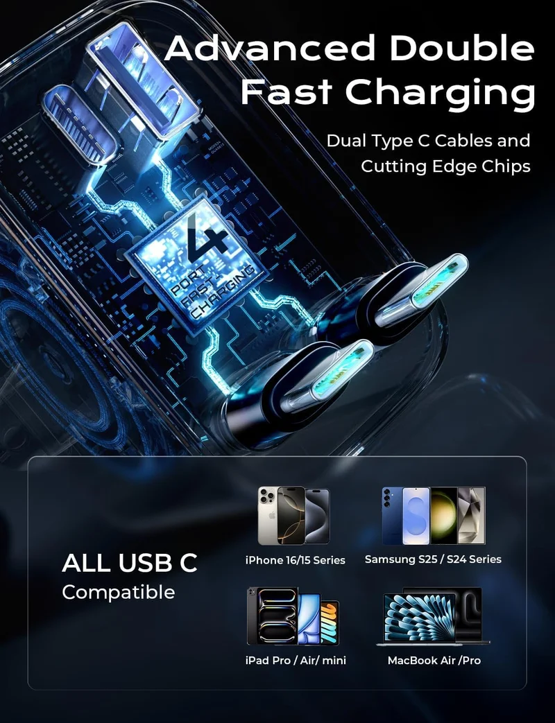 LISEN Einziehbares Autoladegerät, Dual USB C Einziehbares Kabel Schnelles Auto-Ladegerät