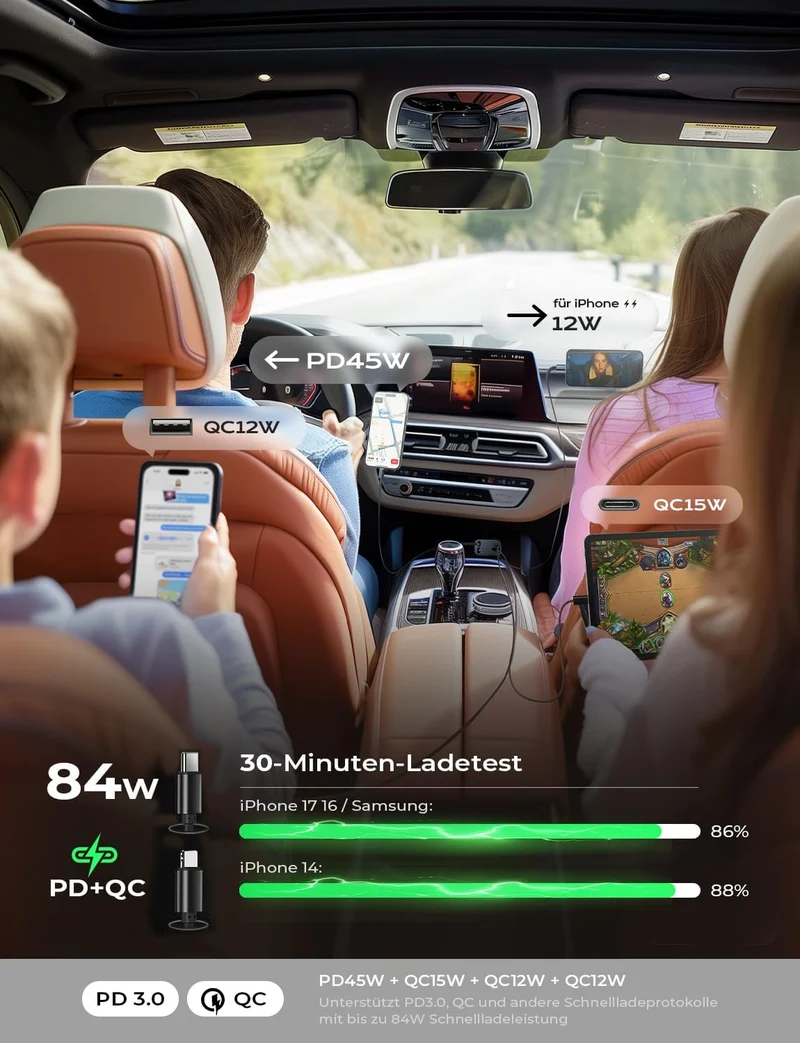 LISEN 84 W Zigarettenanzünder USB C ausziehbarer Kfz-Ladegerätadapter