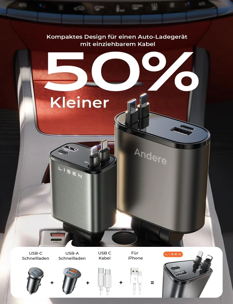 LISEN 84 W Zigarettenanzünder USB C ausziehbarer Kfz-Ladegerätadapter