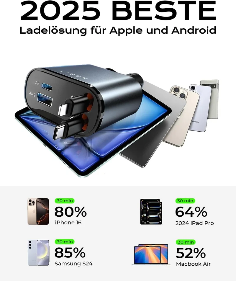 LISEN 84 W Zigarettenanzünder USB C ausziehbarer Kfz-Ladegerätadapter