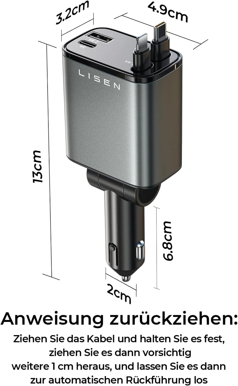 LISEN 84 W Zigarettenanzünder USB C ausziehbarer Kfz-Ladegerätadapter