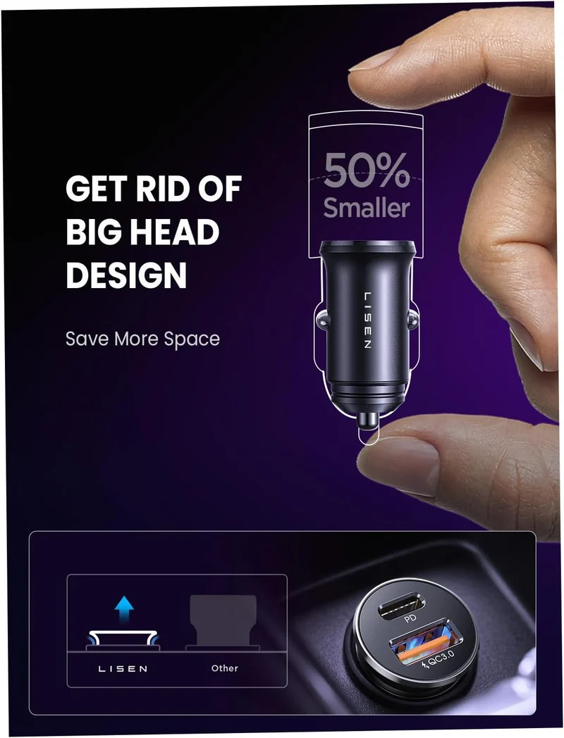 LISEN 54W Mini Metall Zigarettenanzünder USB C Kfz-Ladegerät