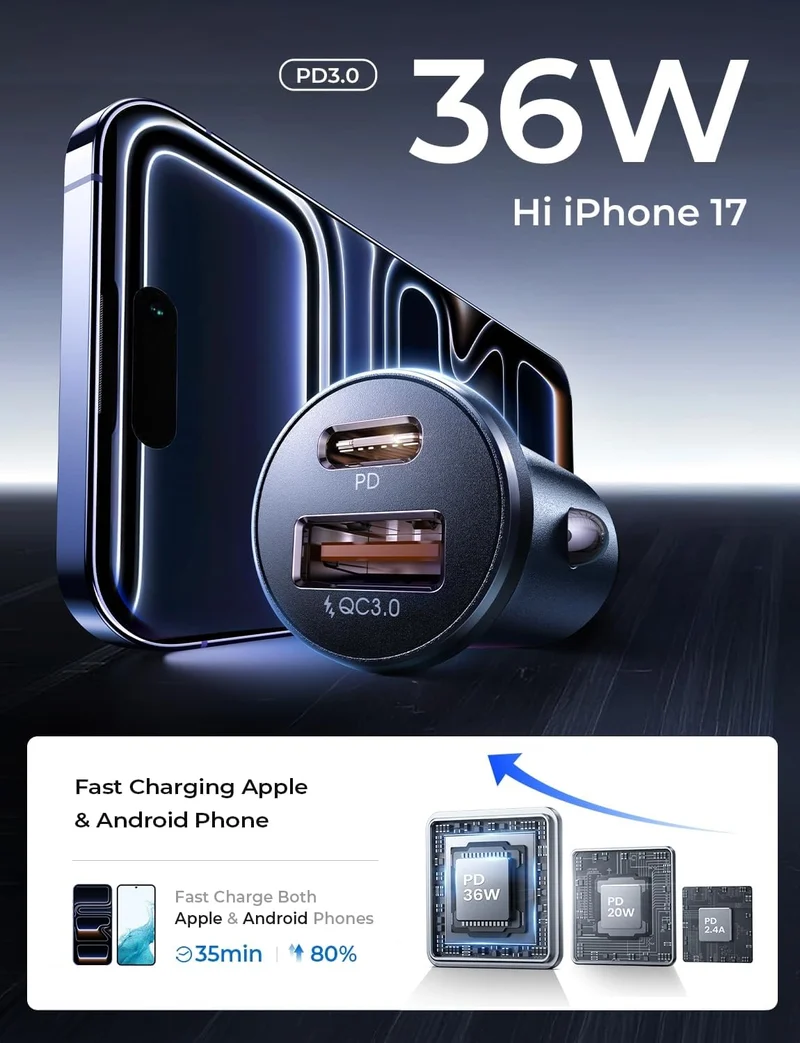 LISEN Auto-Ladegerät USB C, 69W Zigarettenanzünder USB-Ladegerät Adapter, Autozubehör Geschenke für Männer, Mini USBC Auto Schnellladeadapter USBC Typ C 12V Steckerbuchse, für iPhone 17 Pro Max 16 15 14 13