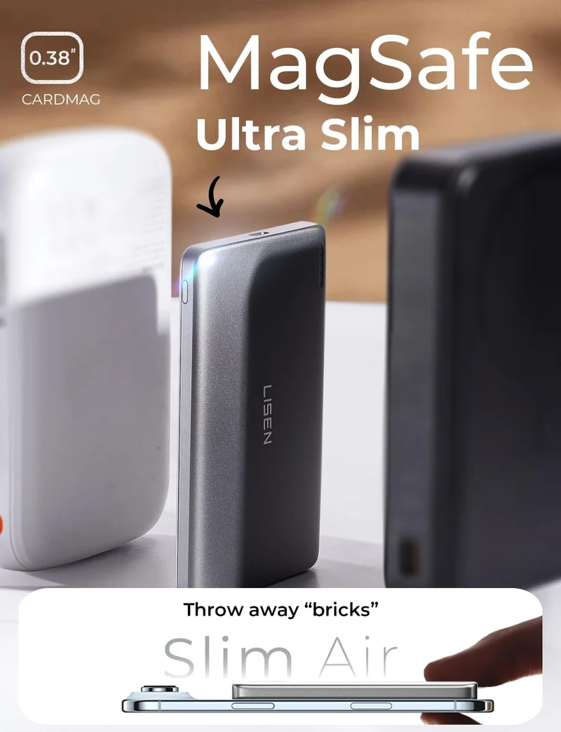 LISEN 5000mAh Kabellose Powerbank 15W, 7.6mm USB C Magnetische Schnelllade-Powerbank