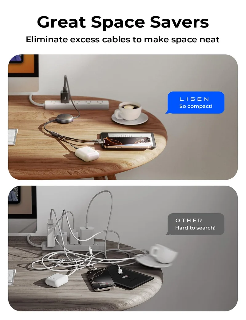 LISEN Multi-Ladekabel, einziehbares USB-C-auf-USB-Ladekabel 3-in-1-Ladegerät, Lightning-/Micro-USB-Kabel