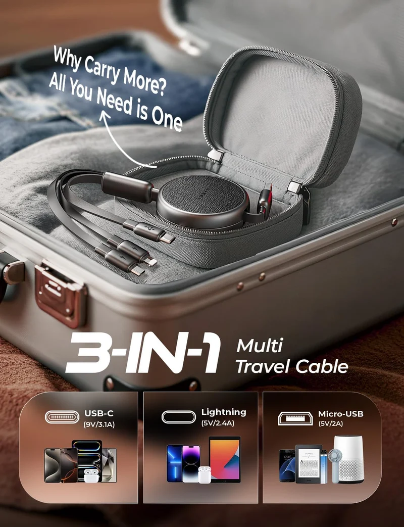 LISEN Multi-Ladekabel, einziehbares USB-C-auf-USB-Ladekabel 3-in-1-Ladegerät, Lightning-/Micro-USB-Kabel