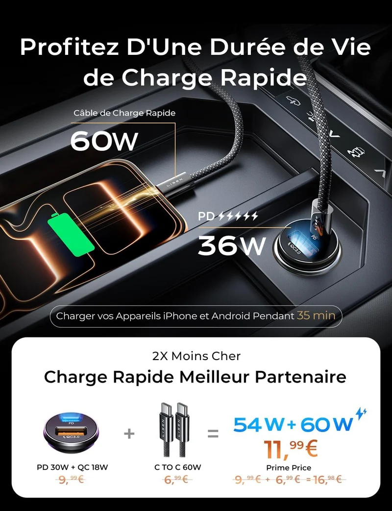 LISEN Kfz-Ladegerät USB C 54W+60W C-C Kabel