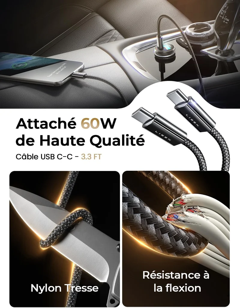 LISEN Kfz-Ladegerät USB C 54W+60W C-C Kabel