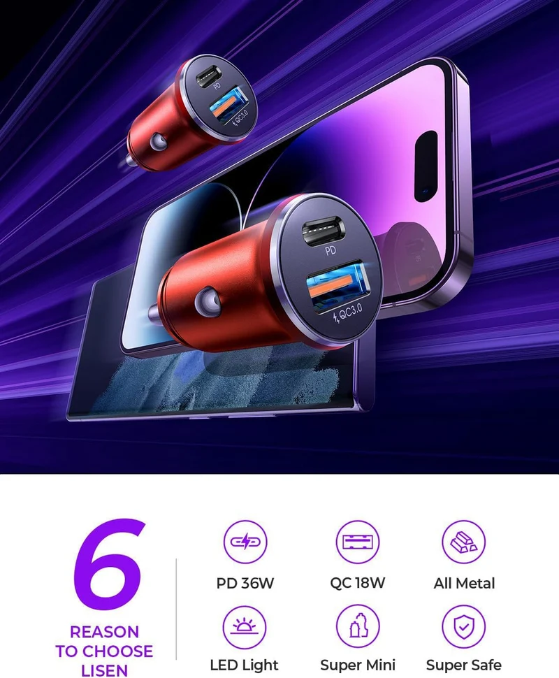 LISEN 2er-Pack USB C Kfz-Ladegerät-Adapter, Schnellladung